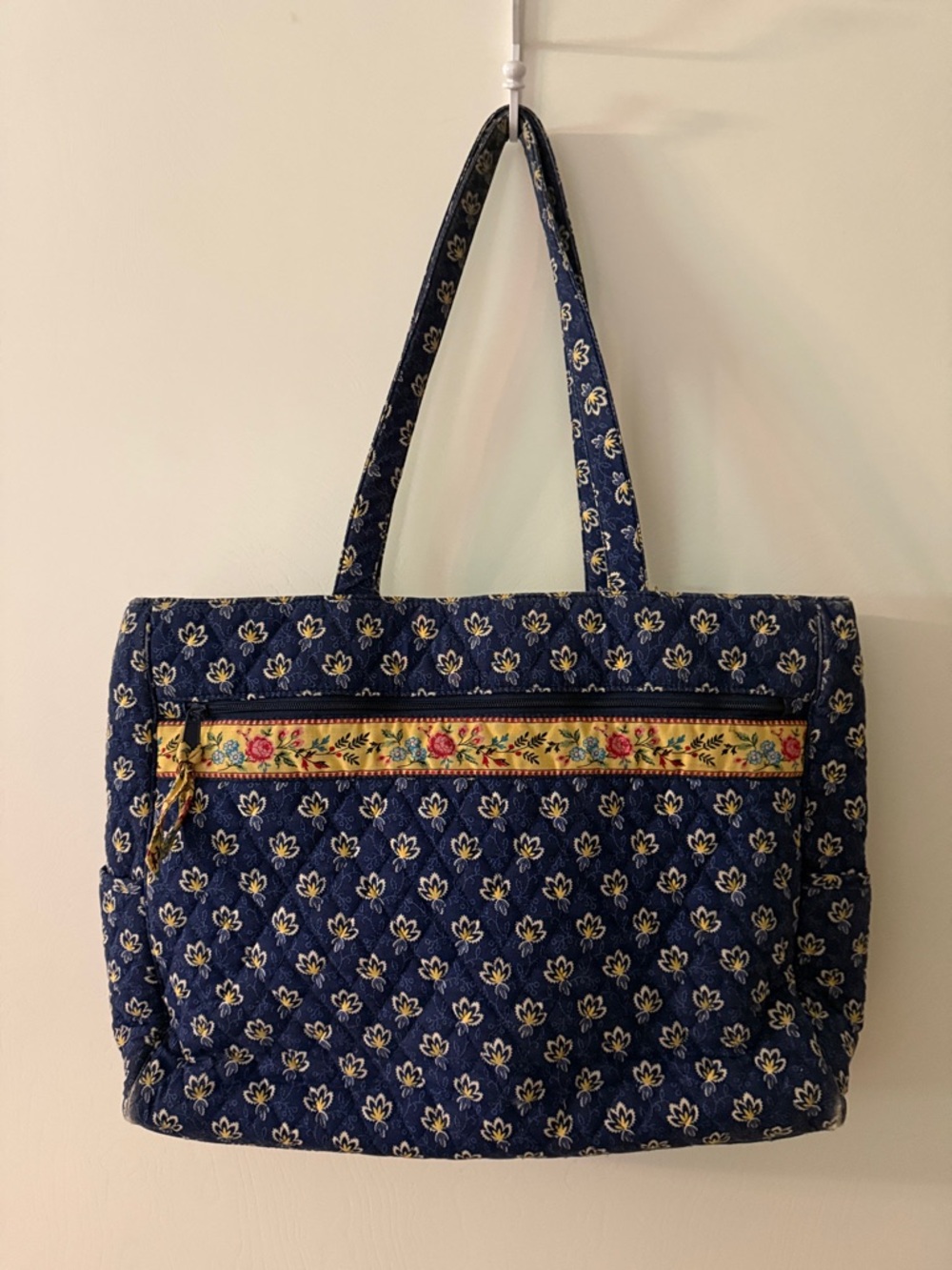 Vera Bradley Navy Quilted Tote with Yellow Floral Zipper Trim